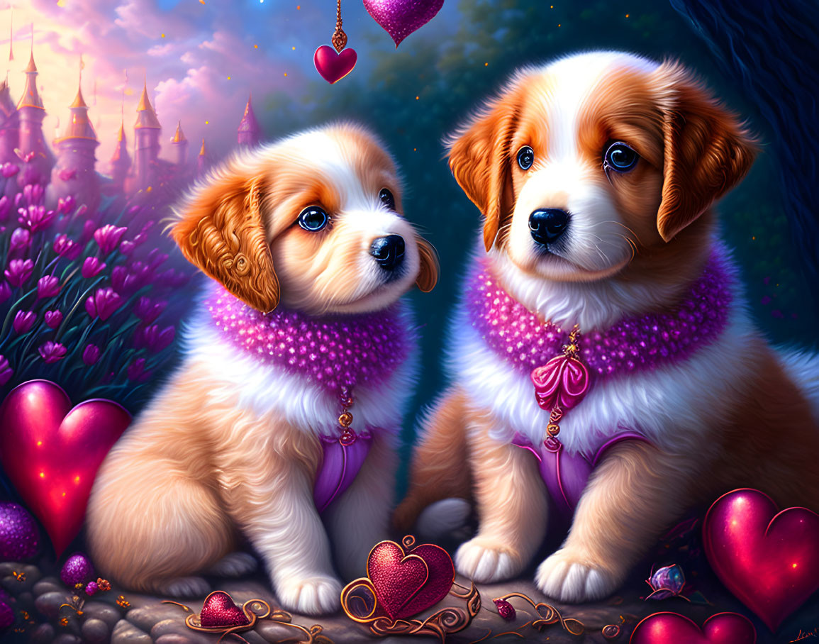 Two cute puppies in purple scarves in fairytale castle setting