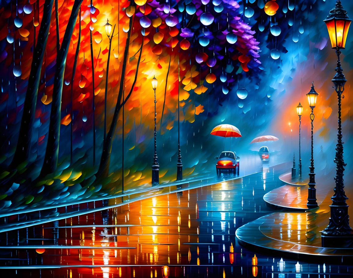 Colorful Night Street Scene with Rain and Red Umbrella