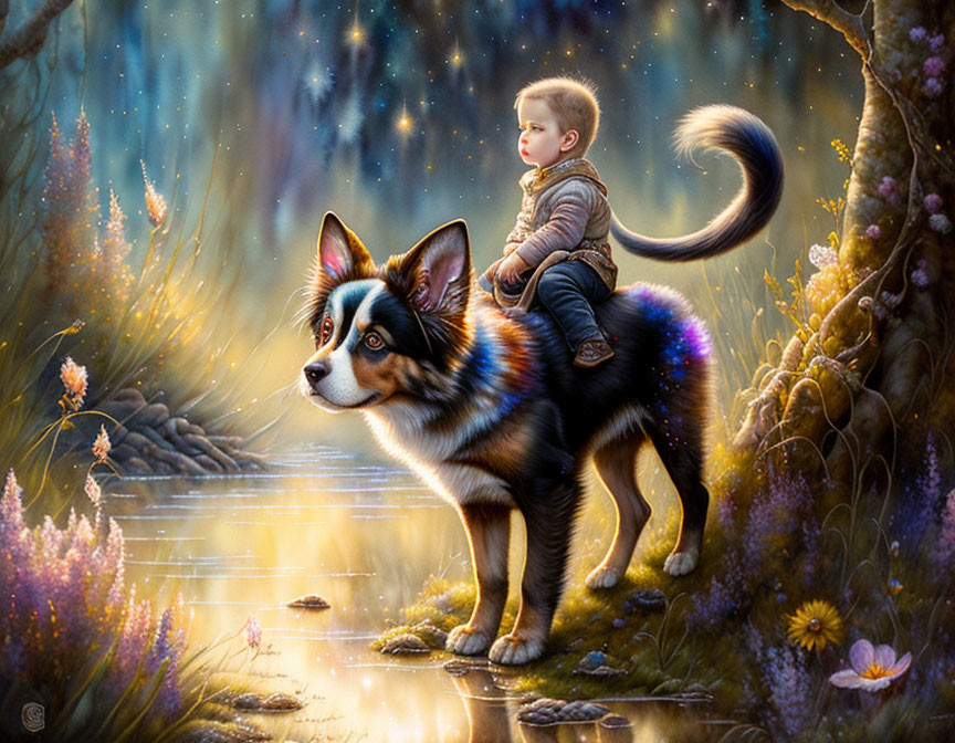 Child riding large dog in magical starlit forest glade