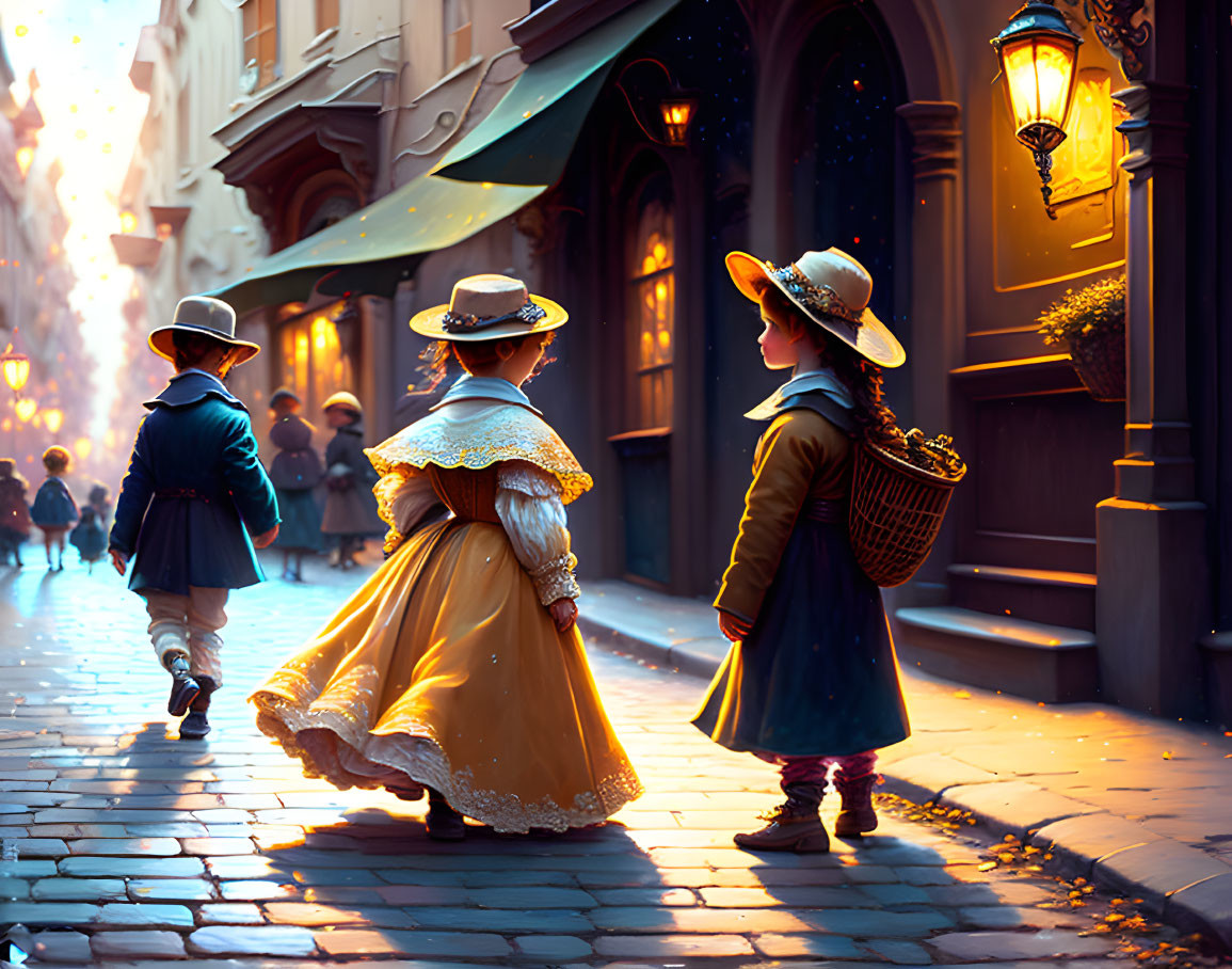 Children in vintage clothing holding hands on cobblestone street under warm sunlight.