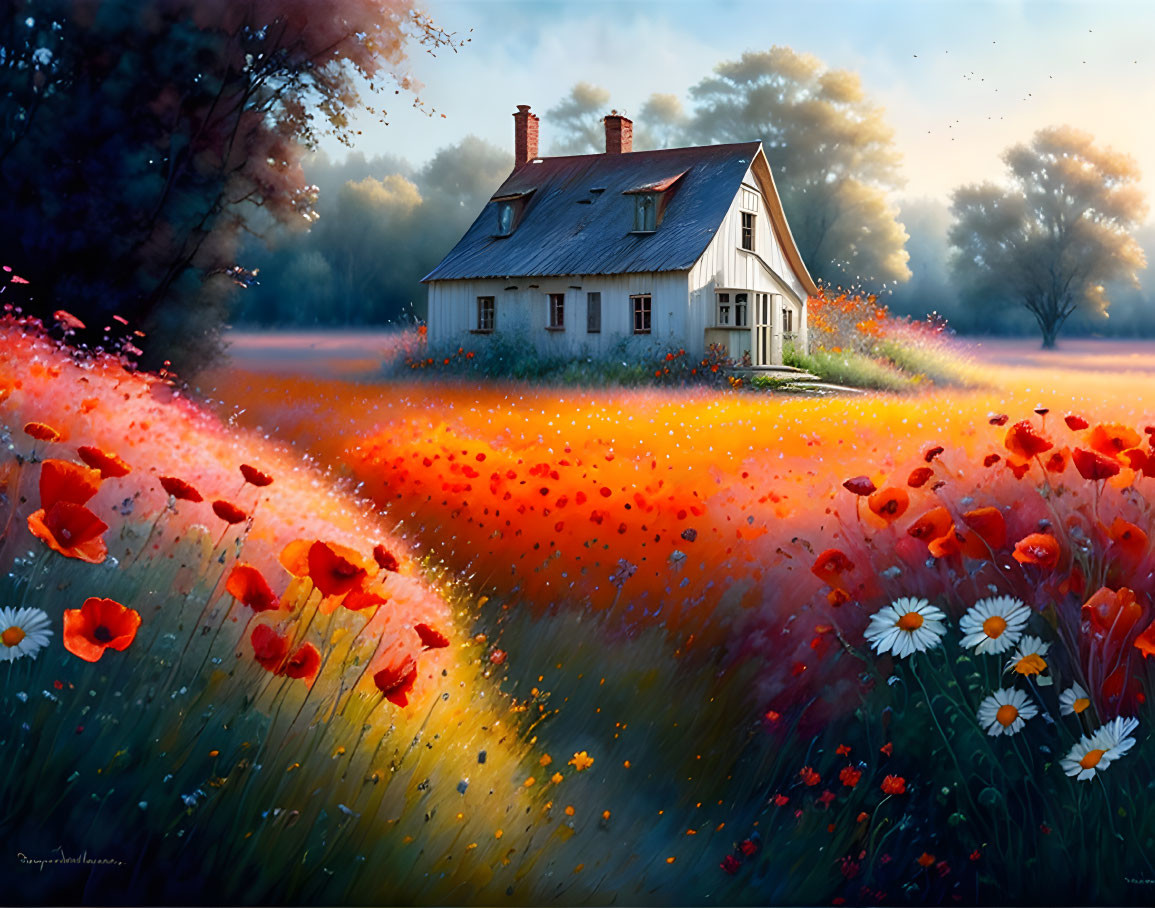 White House Surrounded by Red Poppies and White Daisies at Sunrise