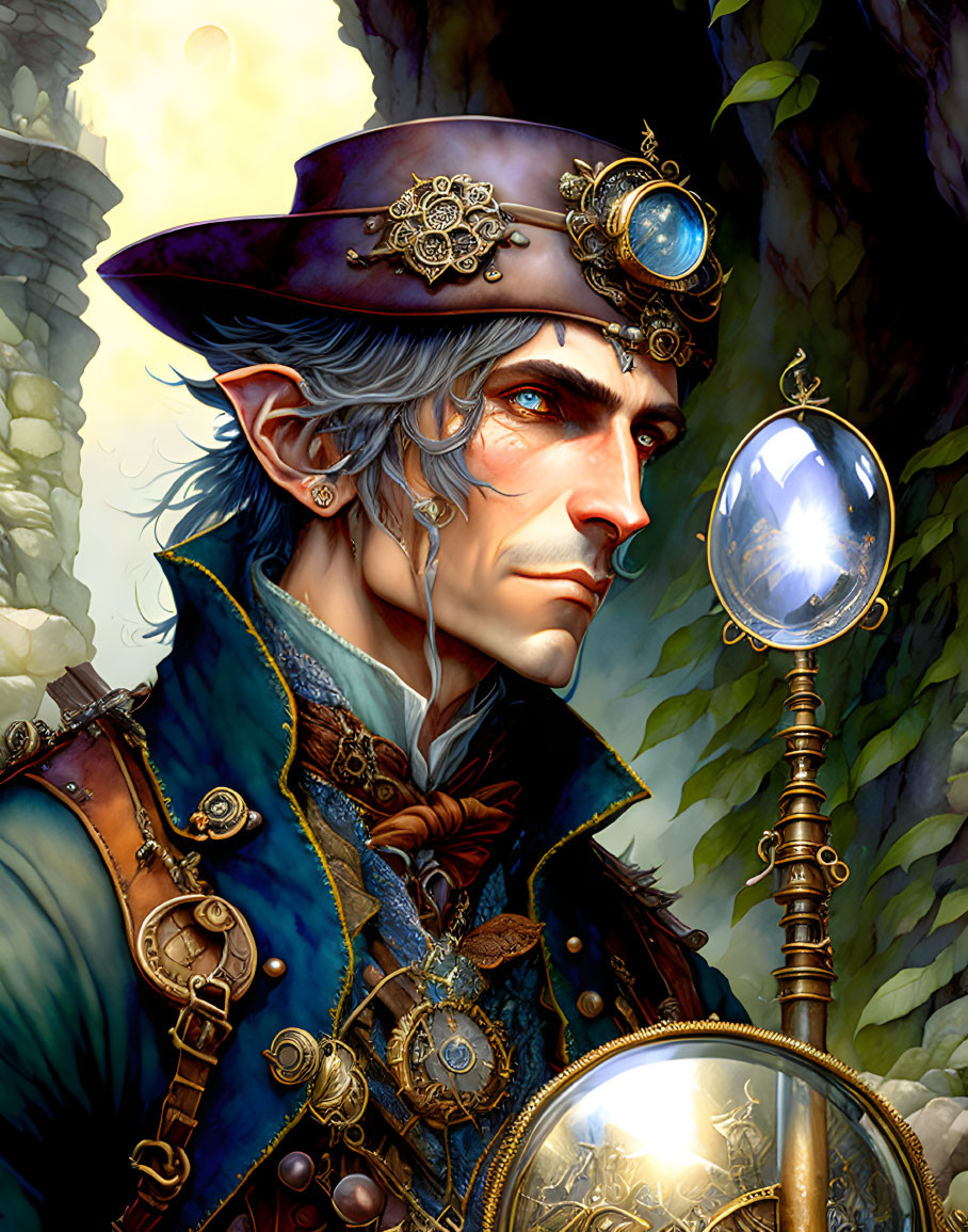 Fantasy male character portrait with pointed ears, ornate clothing, decorated hat, and crystal staff.