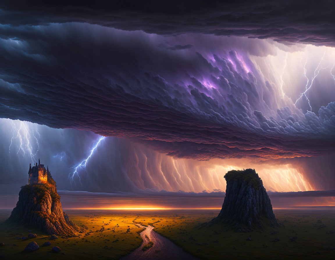 Stormy Sky Landscape: Castle on Hill with Lightning and Path