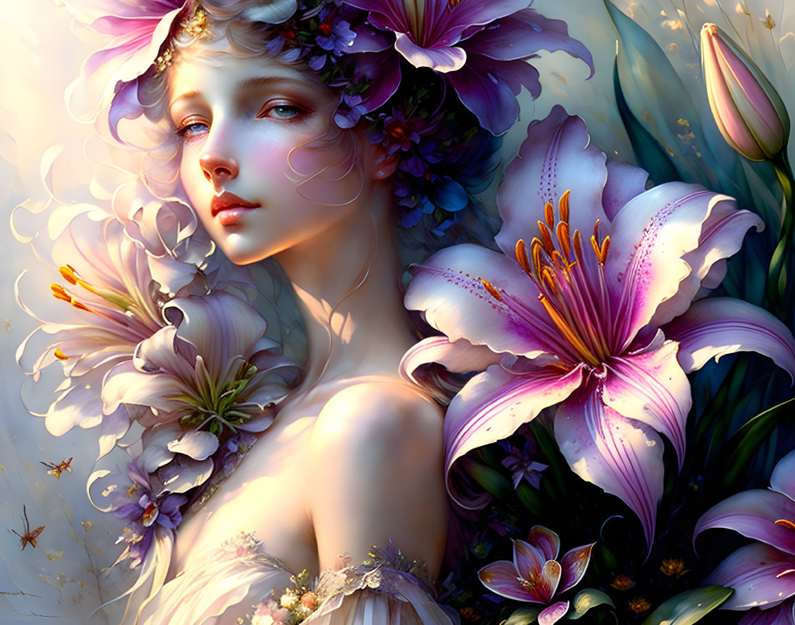 Ethereal female figure with porcelain skin among vivid lilies