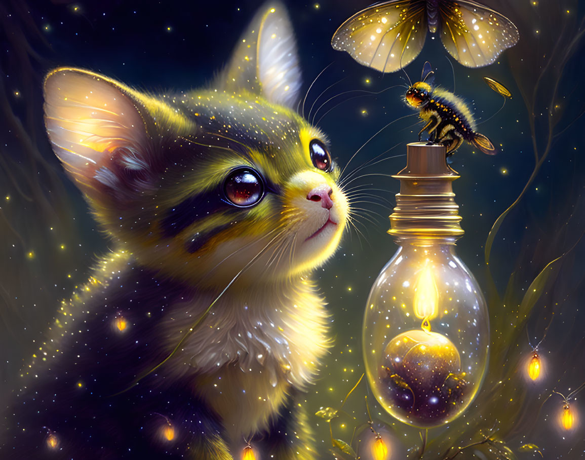 Curious kitten stares at illuminated bee in starry scene