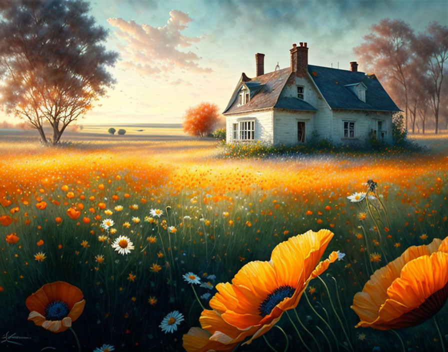 White thatched roof cottage in orange poppy field at sunset