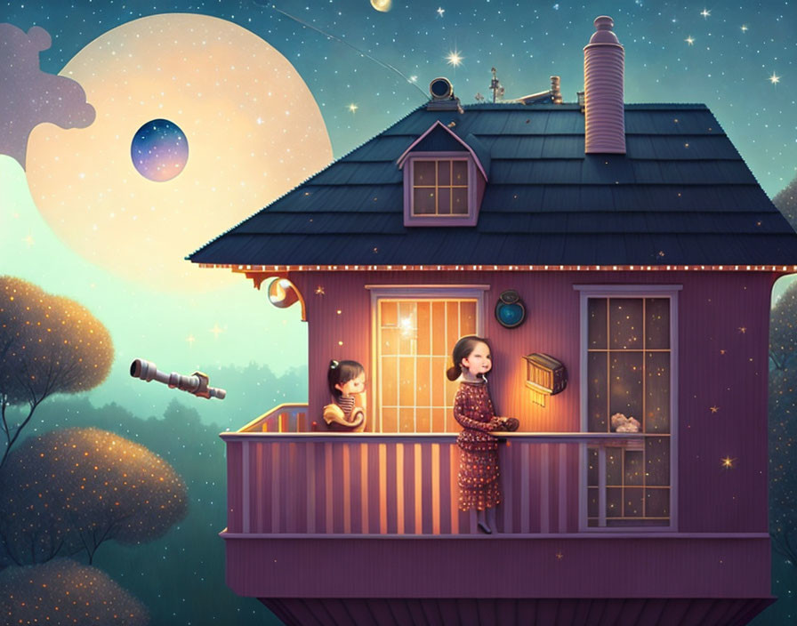 Children stargazing from whimsical house balcony with planets and telescope.