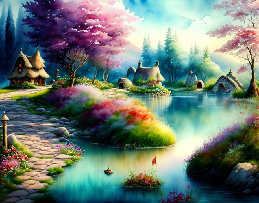 Colorful fantasy landscape with thatched cottages, serene river, lush plants, pink blossomed tree