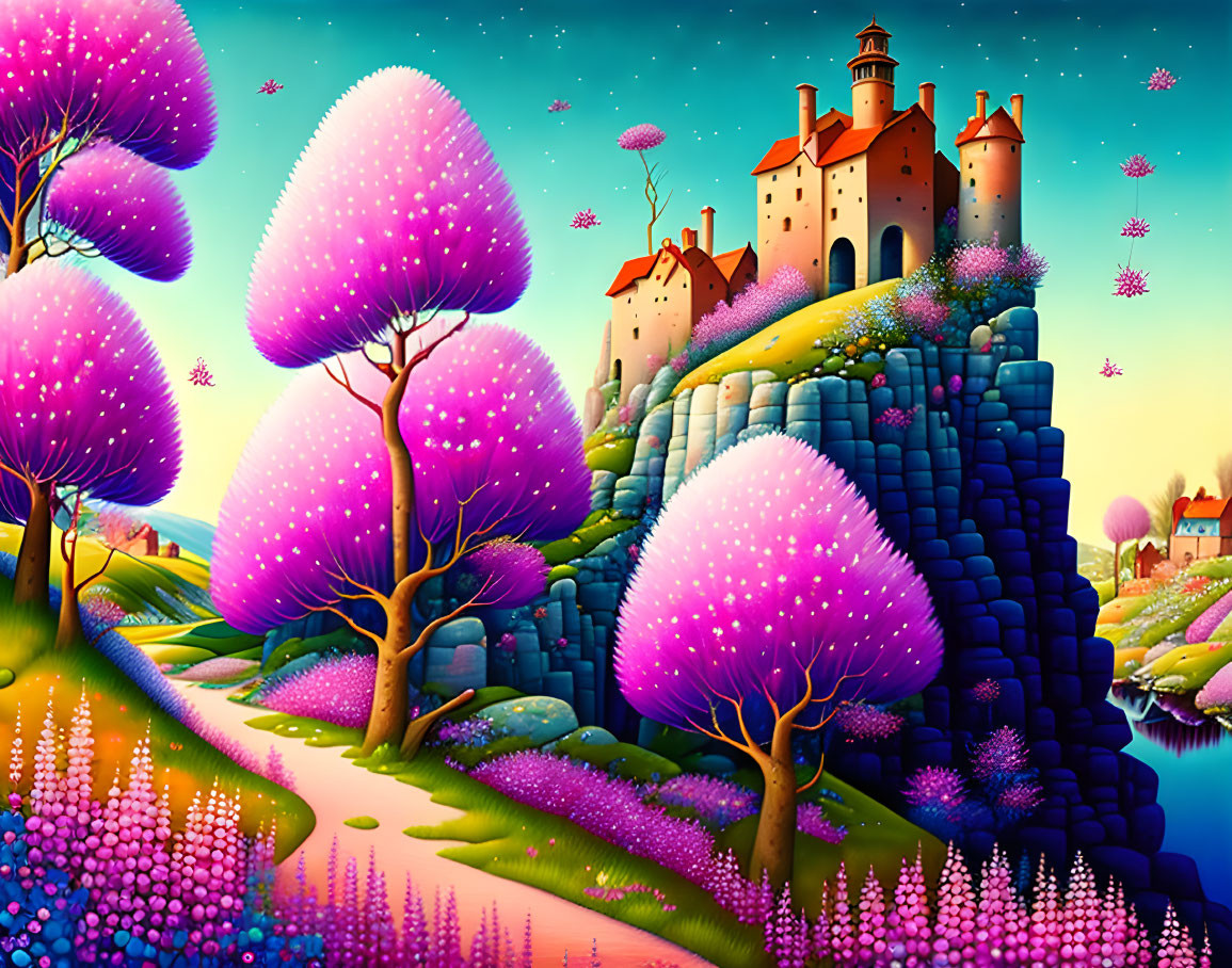 Fantasy landscape with glowing purple trees, castle on cliff, river, and star-like flowers