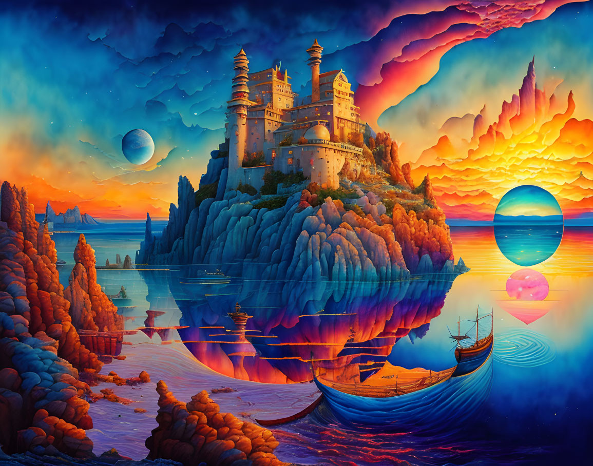 Colorful fantasy landscape: castle, cliffs, skies, water, boats, celestial bodies