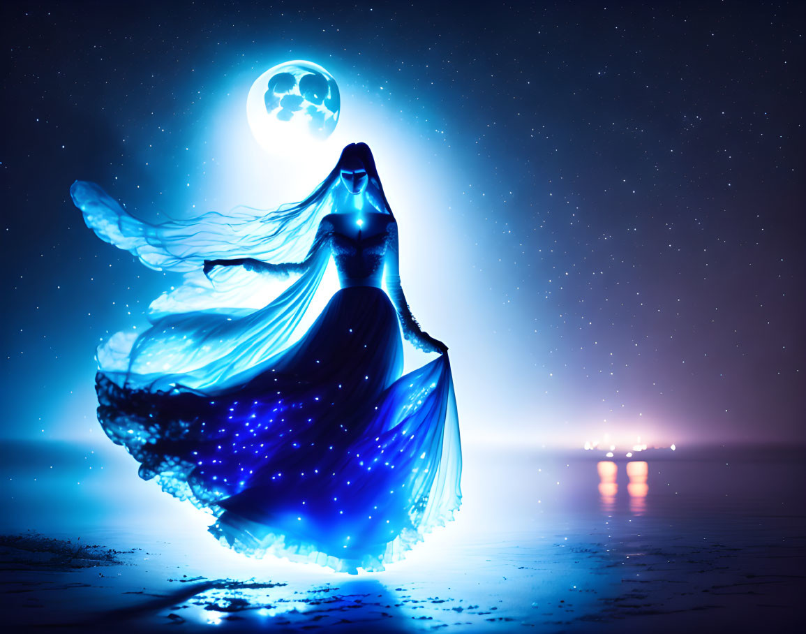 Mystical woman in blue gown under full moon on serene beach