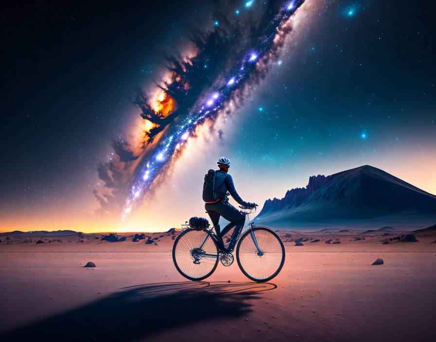 Cyclist with bike in desert under vibrant galaxy