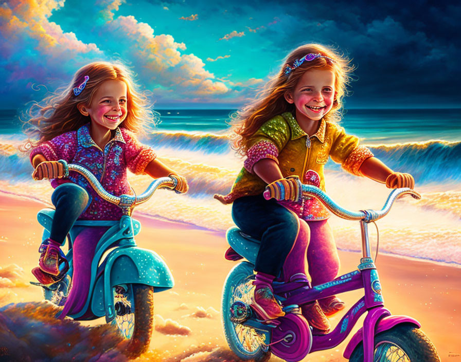 Two girls biking on beach at sunset with vibrant colors in sky & water