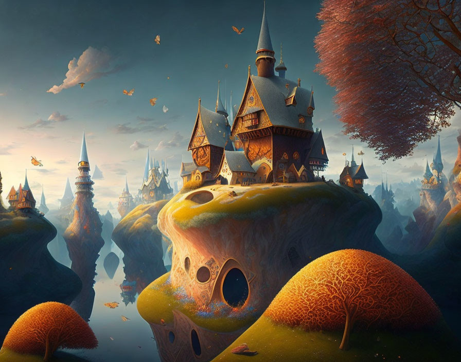 Whimsical castle on giant rock in fantastical landscape