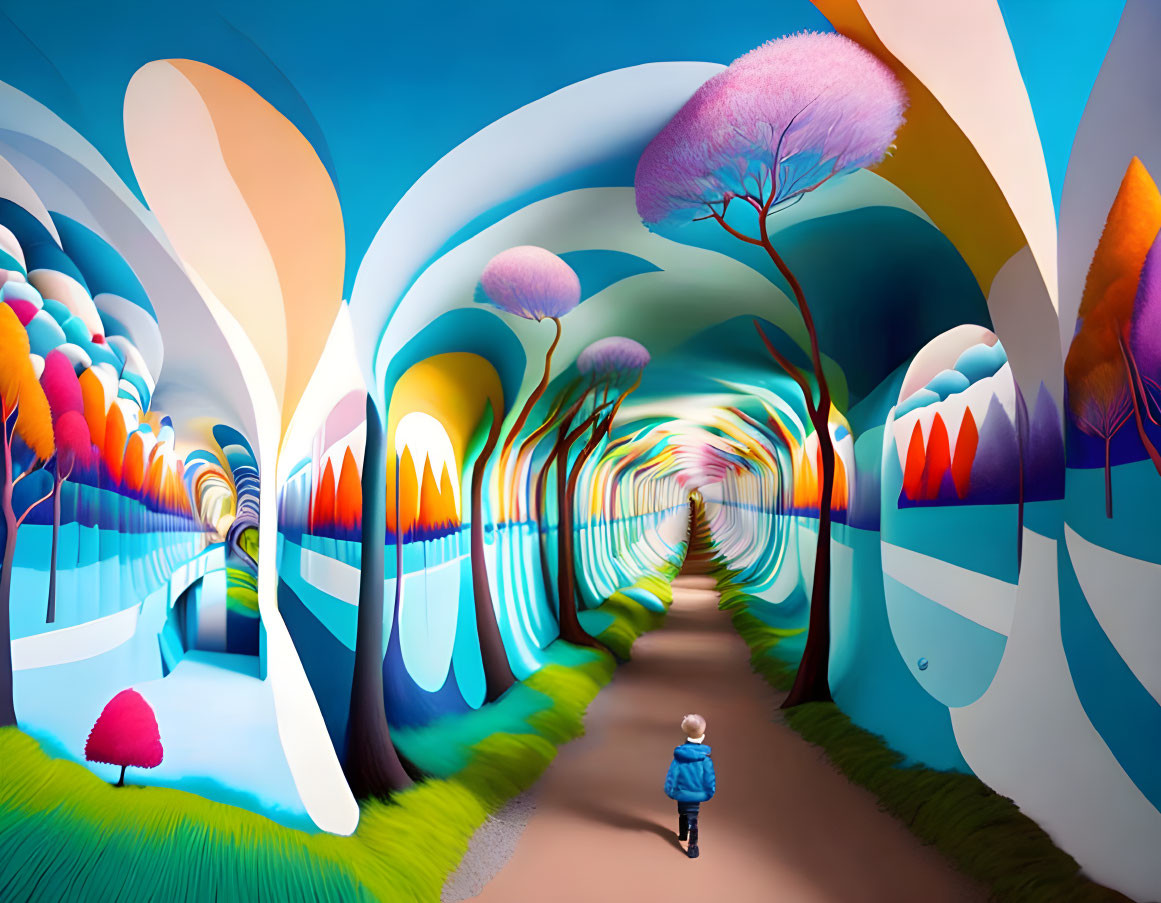 Child in colorful, surreal landscape with whimsical trees