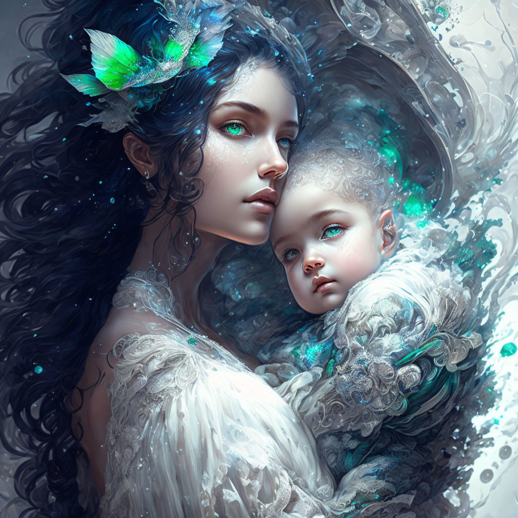 Blue-eyed woman with dark hair holding baby in serene blue setting