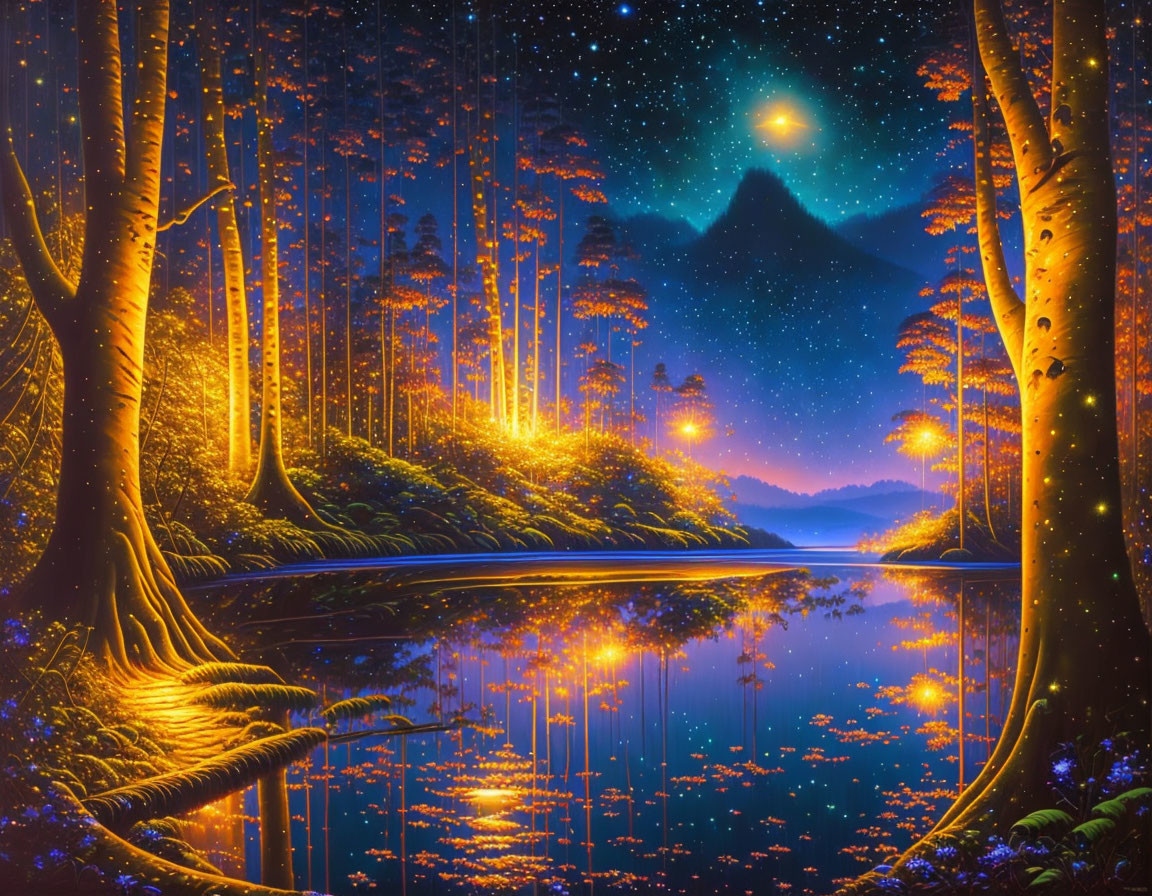 Fantastical forest scene at night with luminous trees and starry sky