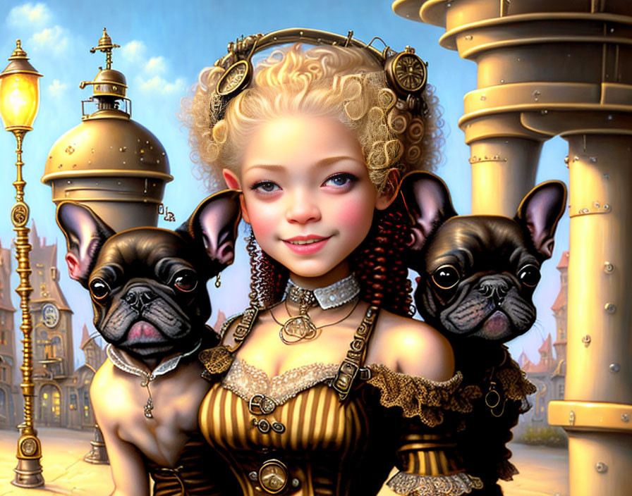 Steampunk-themed digital art featuring a smiling girl with French bulldogs in an industrial setting