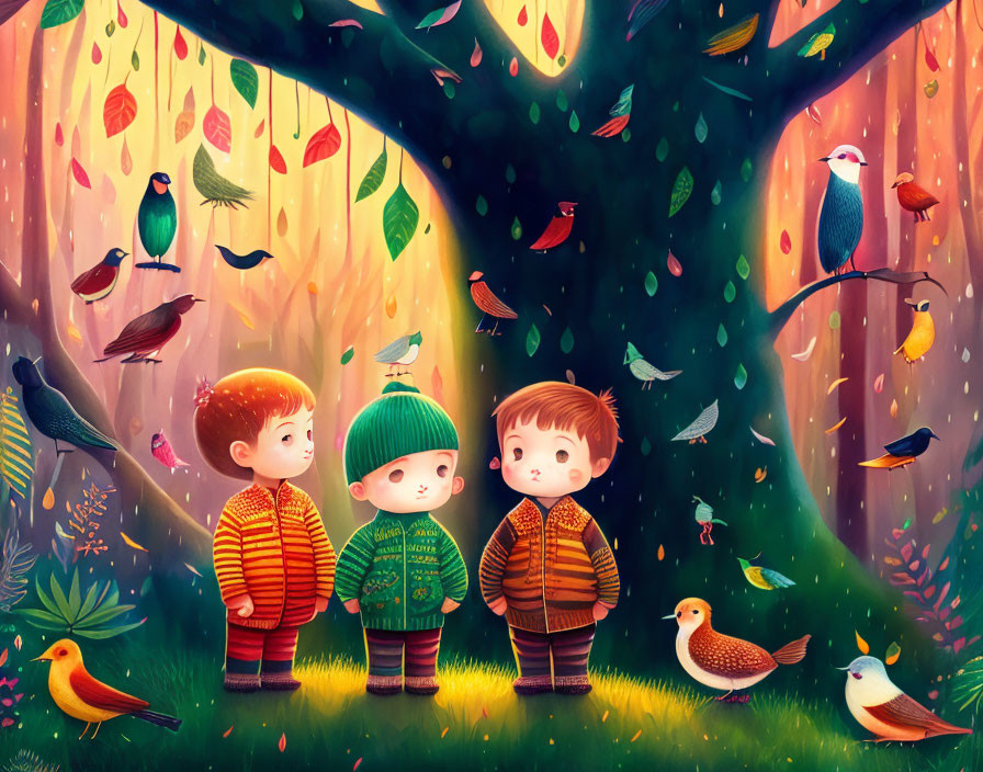 Vibrant forest scene with animated children and colorful birds