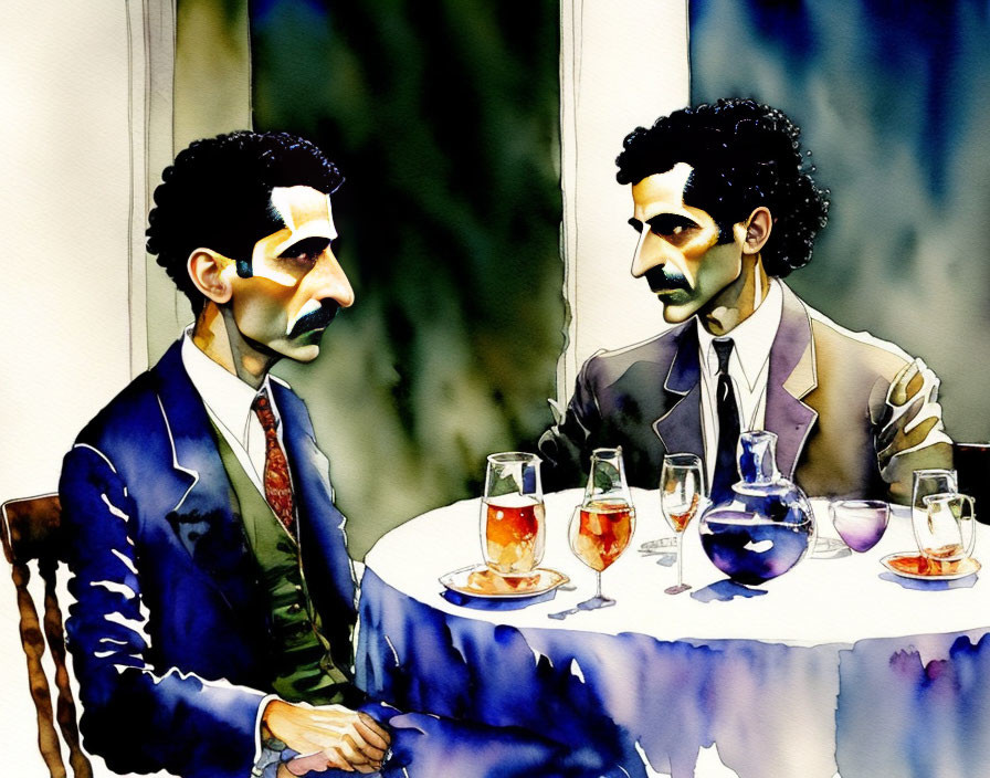 Two men with prominent noses in watercolor caricature illustration at a wine-filled table