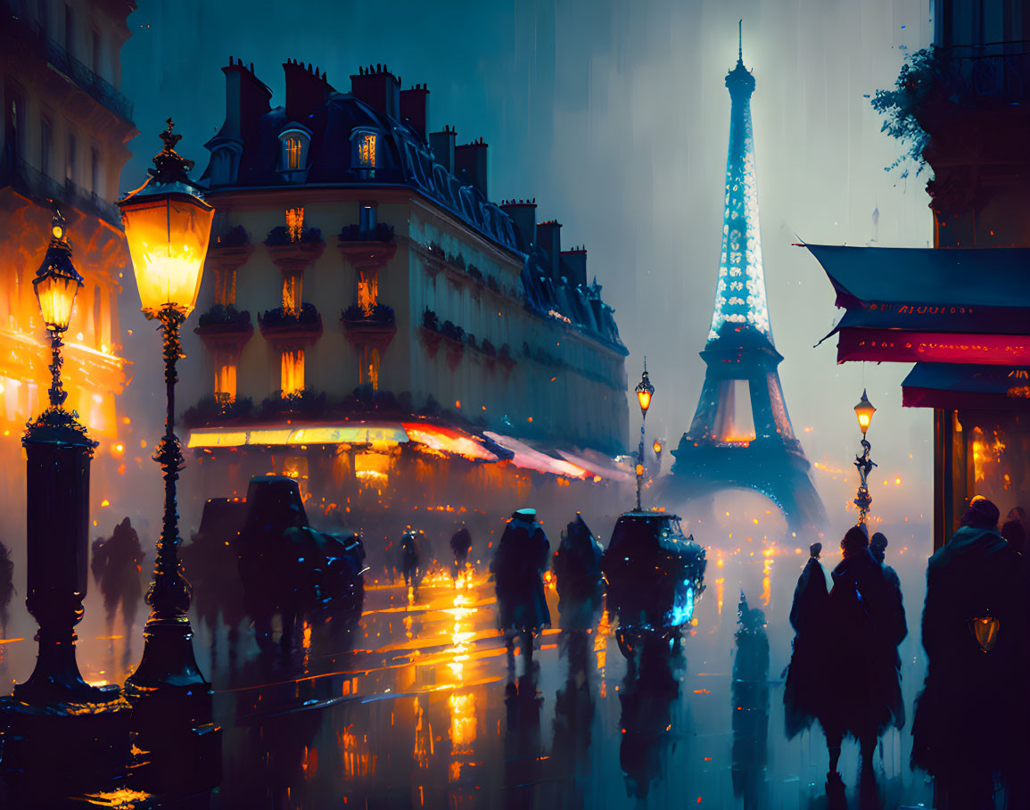 Parisian Evening Street Scene with Pedestrians, Streetlights, Wet Pavements, and Eiff