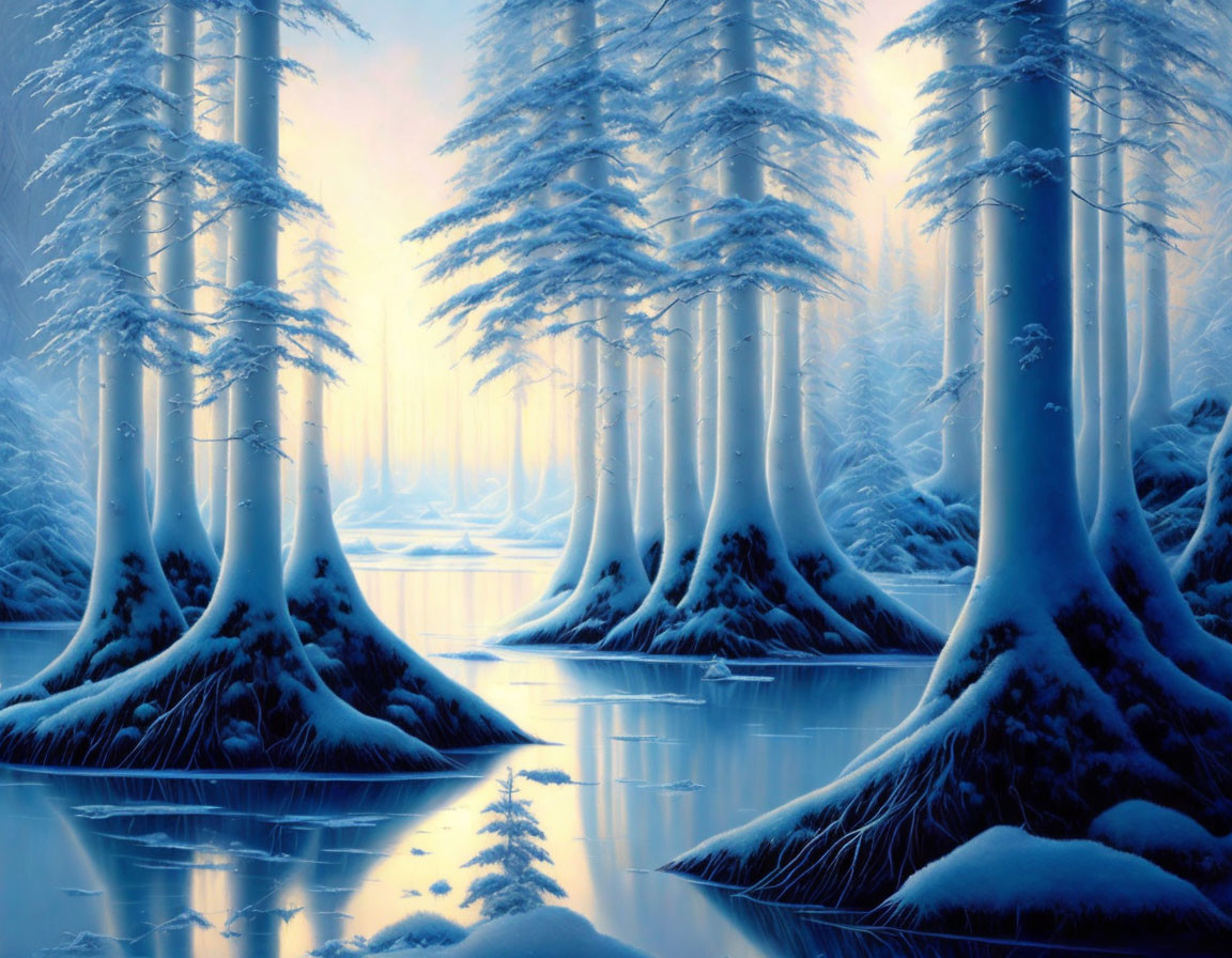 Snow-covered pine trees and icy river in serene winter scene