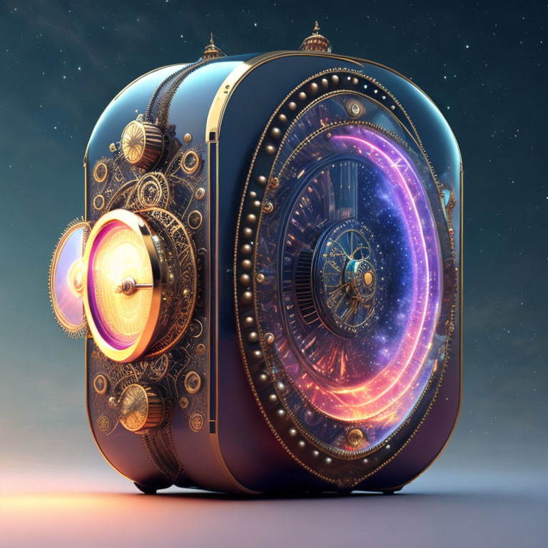 Steampunk-style cosmic clock with glowing galaxy and intricate gears