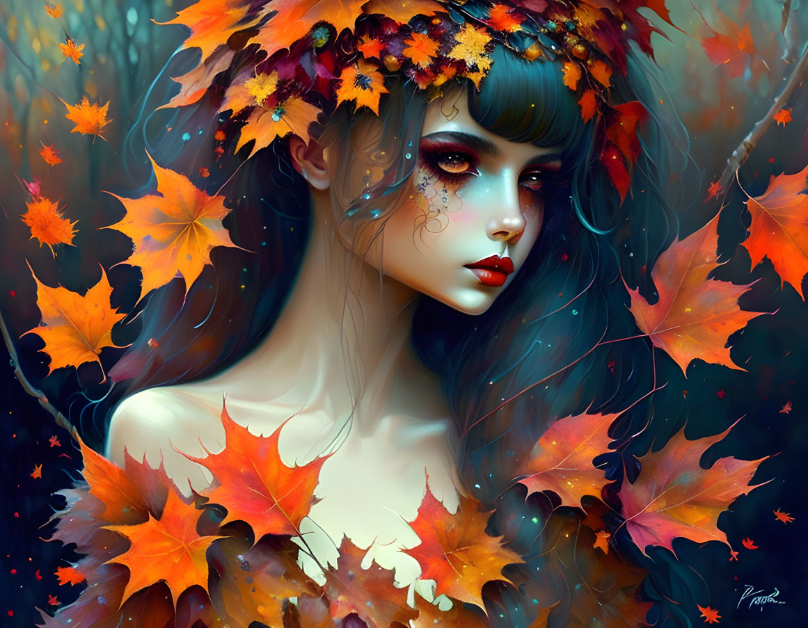 Fantasy illustration: Woman with autumn leaves in mystical forest