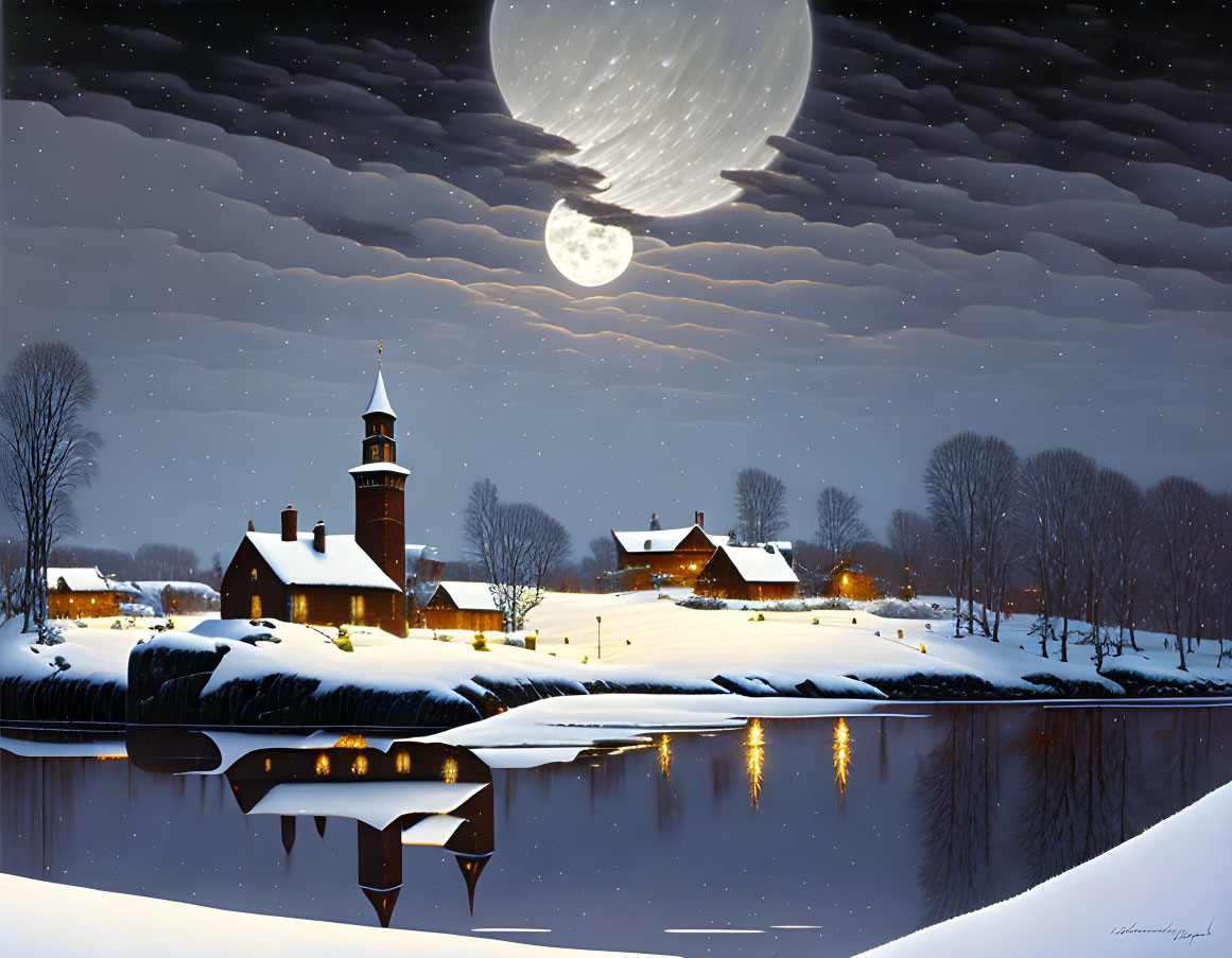 Snow-covered village with church and river under full moon