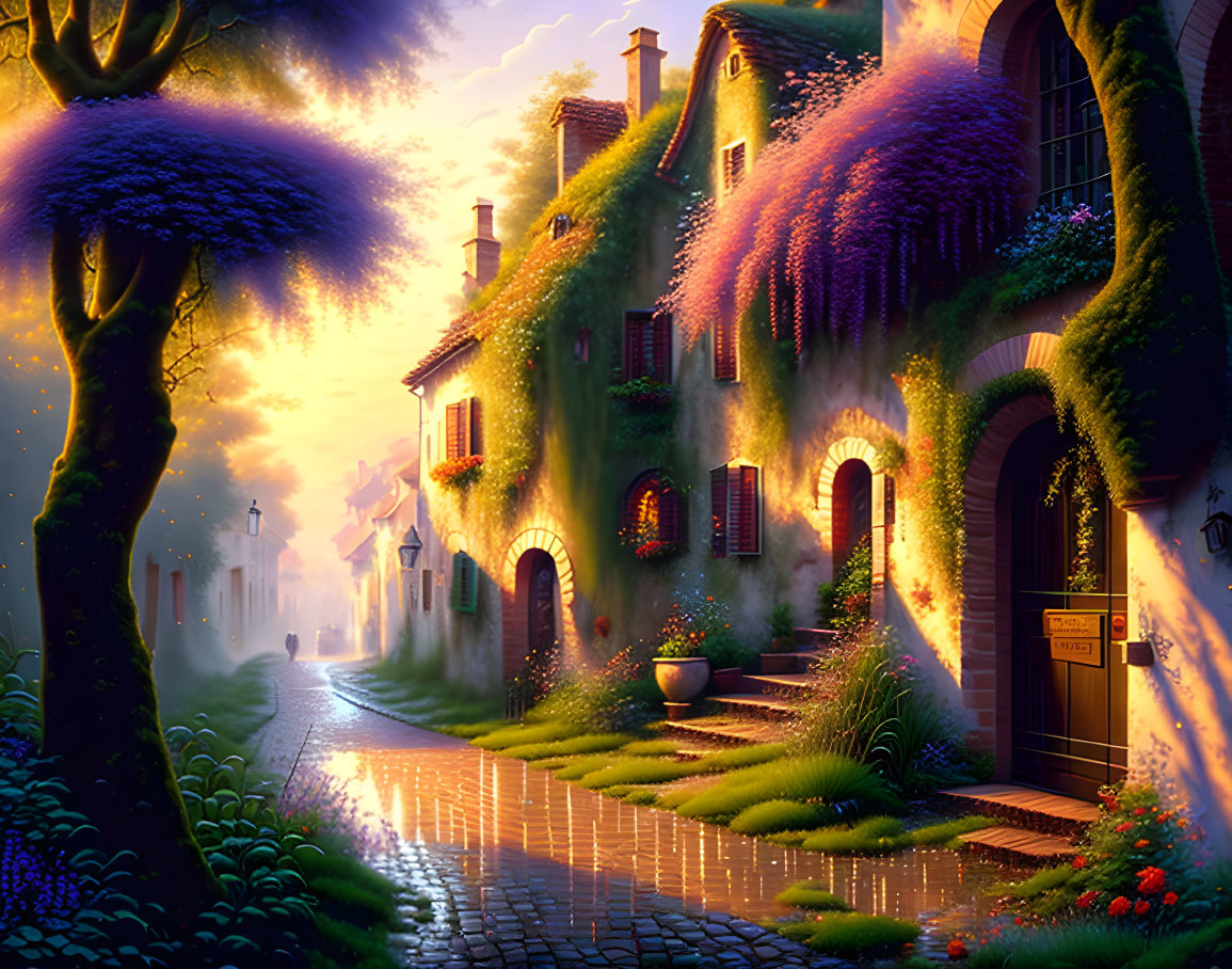 Charming cobblestone street with ivy-covered houses at night