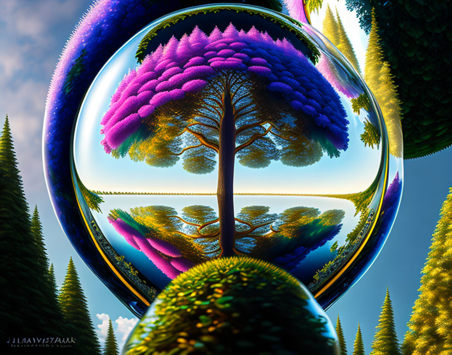 Colorful digital artwork of tree in crystal ball with conical trees and blue sky