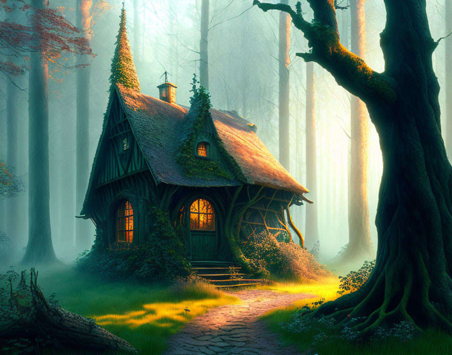 Mystical forest cottage with sunbeams and stone pathway