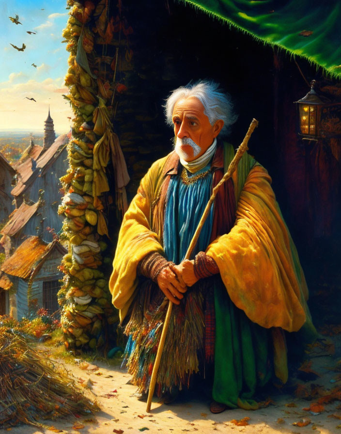 Elderly man in green tunic with broom in rustic autumn village