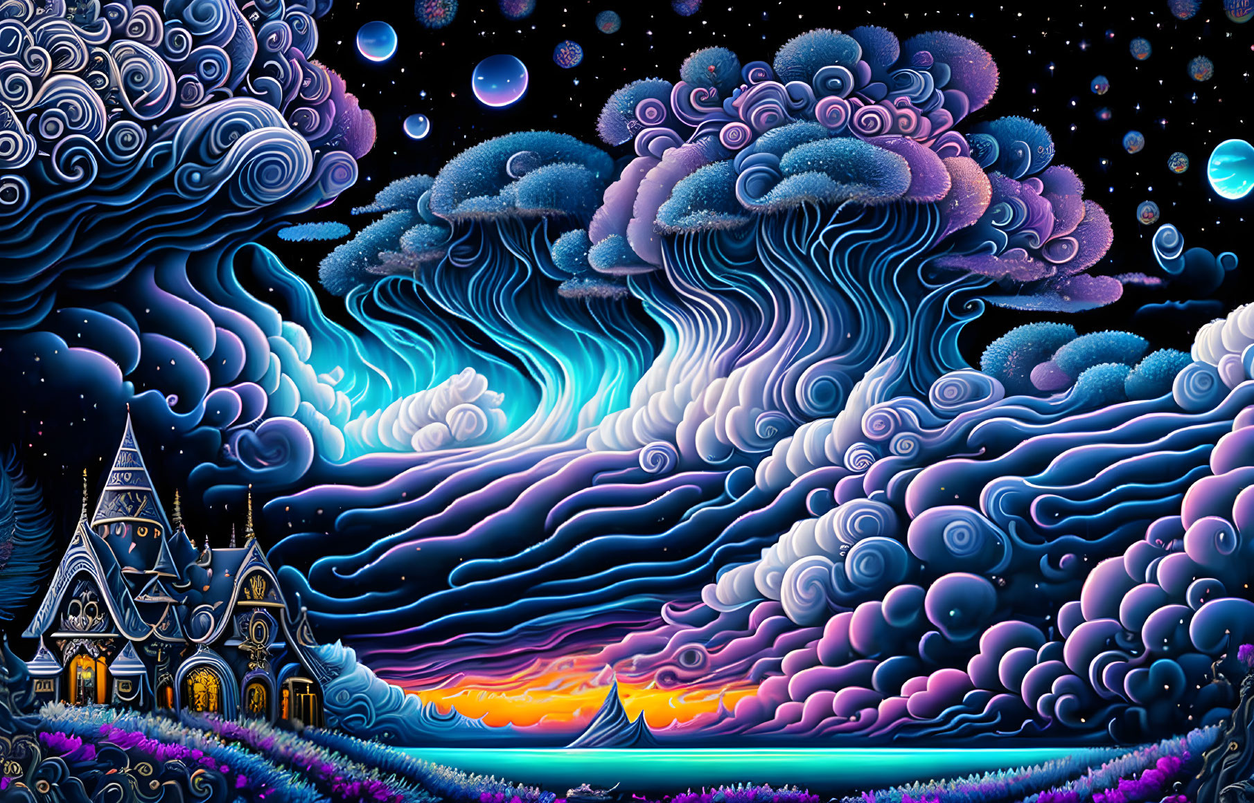 Surreal landscape with swirling skies, celestial river, whimsical castle, vibrant flora