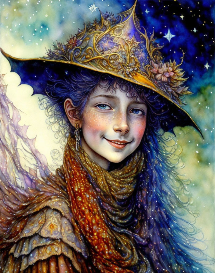 Celestial-themed person illustration with starry hat and vibrant scarf