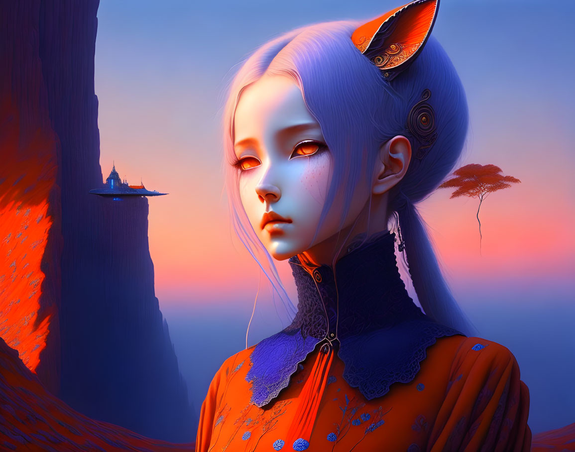 Ethereal artwork of a girl in fantasy attire against surreal landscape