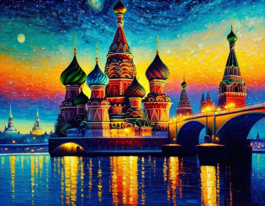 Vibrant Night Painting of Saint Basil's Cathedral in Moscow