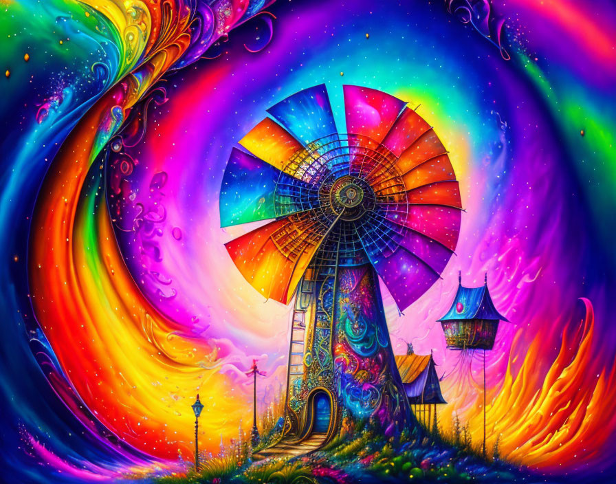 Colorful Ferris Wheel Artwork with Cosmic Patterns and Whimsical House