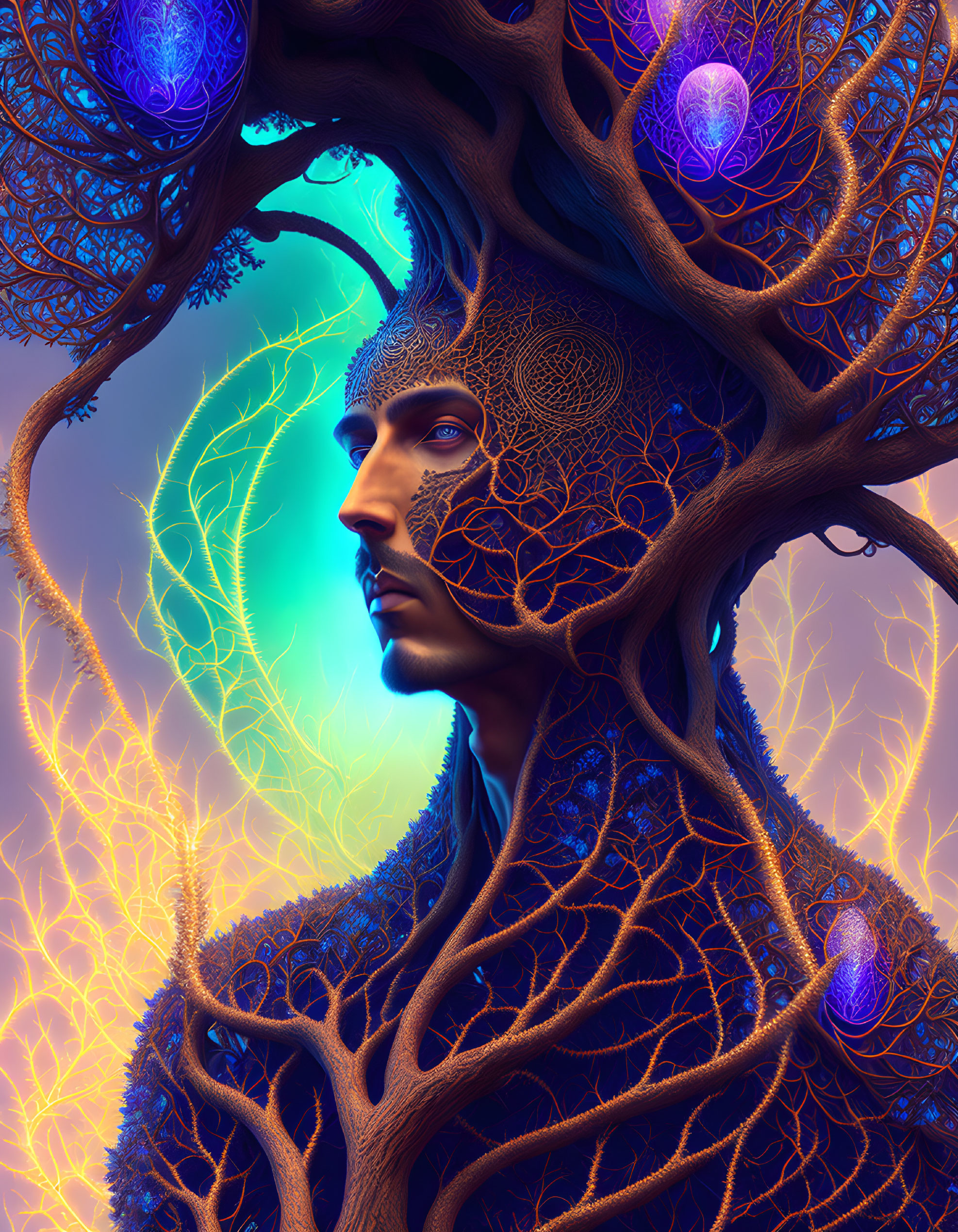 Male figure integrated with tree features in neon blue and purple hues