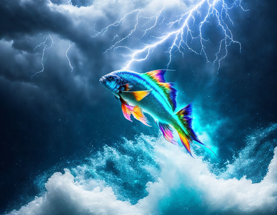 Colorful Flying Fish in Stormy Sky with Lightning Bolts