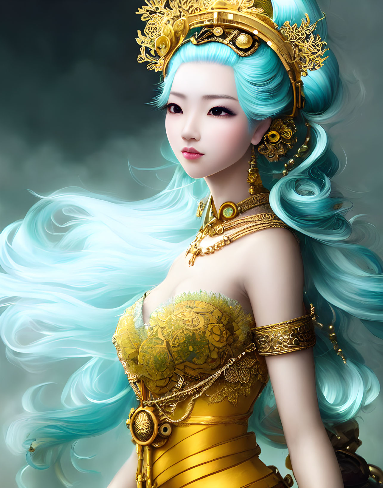 Fantasy-inspired illustration of a woman with turquoise hair and gold headdress