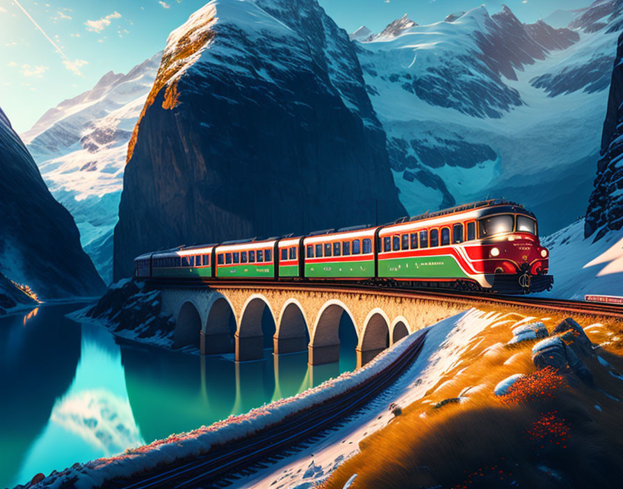 Vintage Red Train Crossing Stone Bridge in Snowy Mountain Landscape