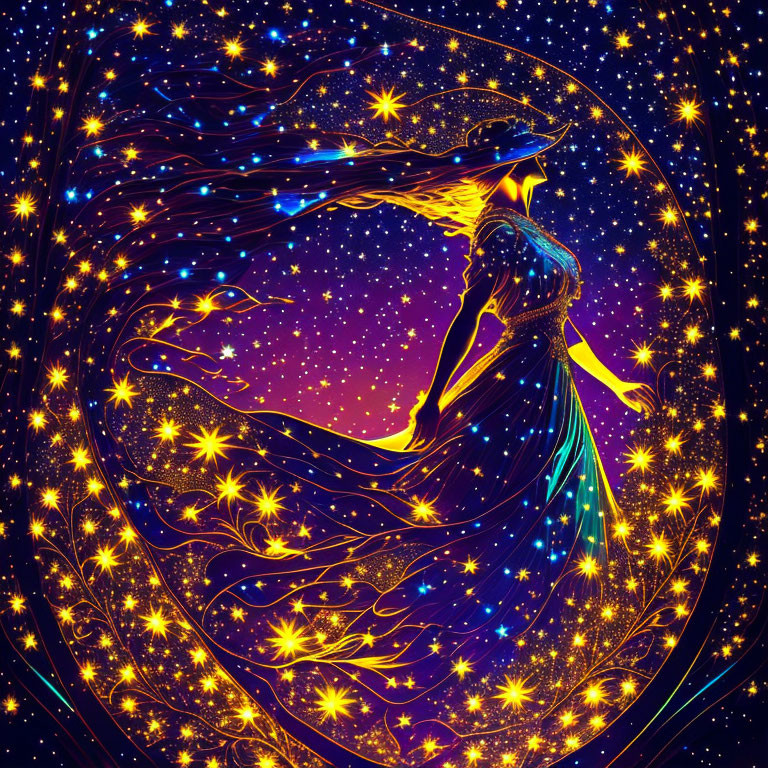 Woman merging with starry night sky in cosmic illustration