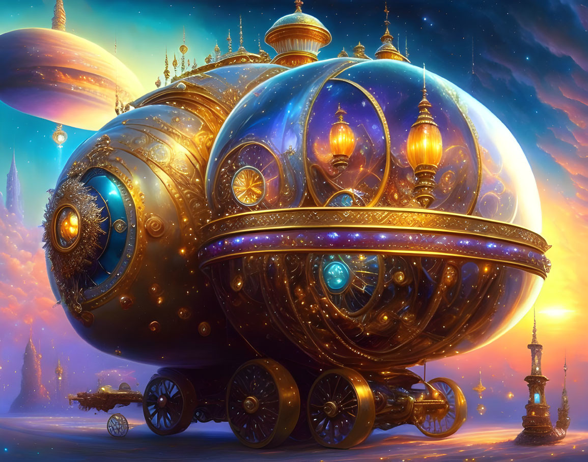 Ornate carriage with glowing lanterns in celestial setting