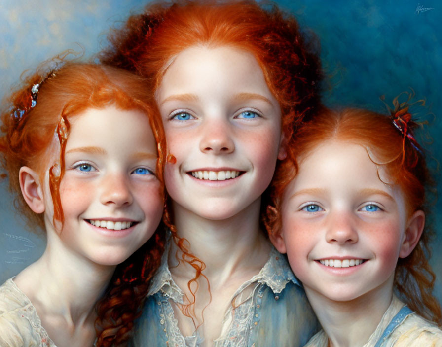 Three red-haired girls with freckles and blue eyes smiling in front of a blurred blue background