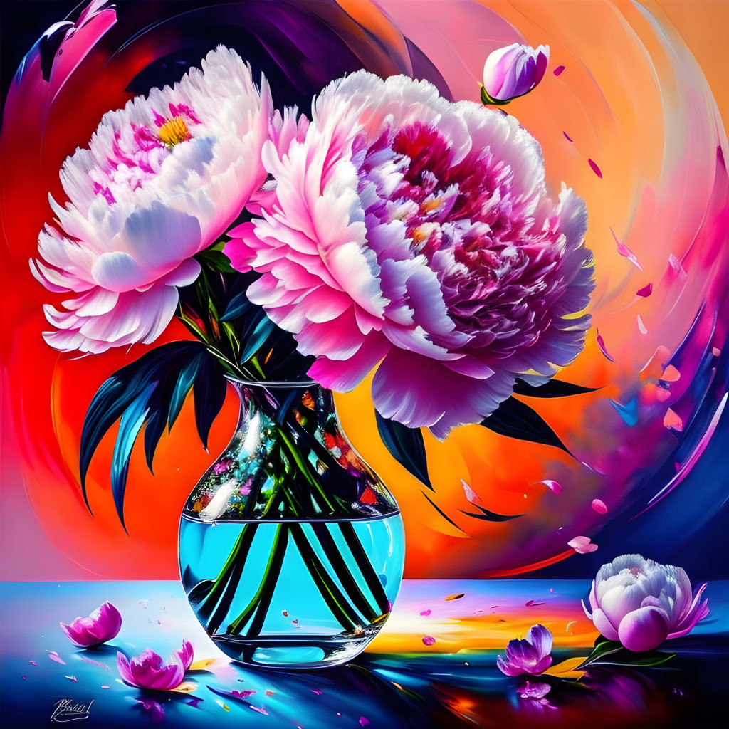 Colorful Peonies in Glass Vase Digital Art with Abstract Background