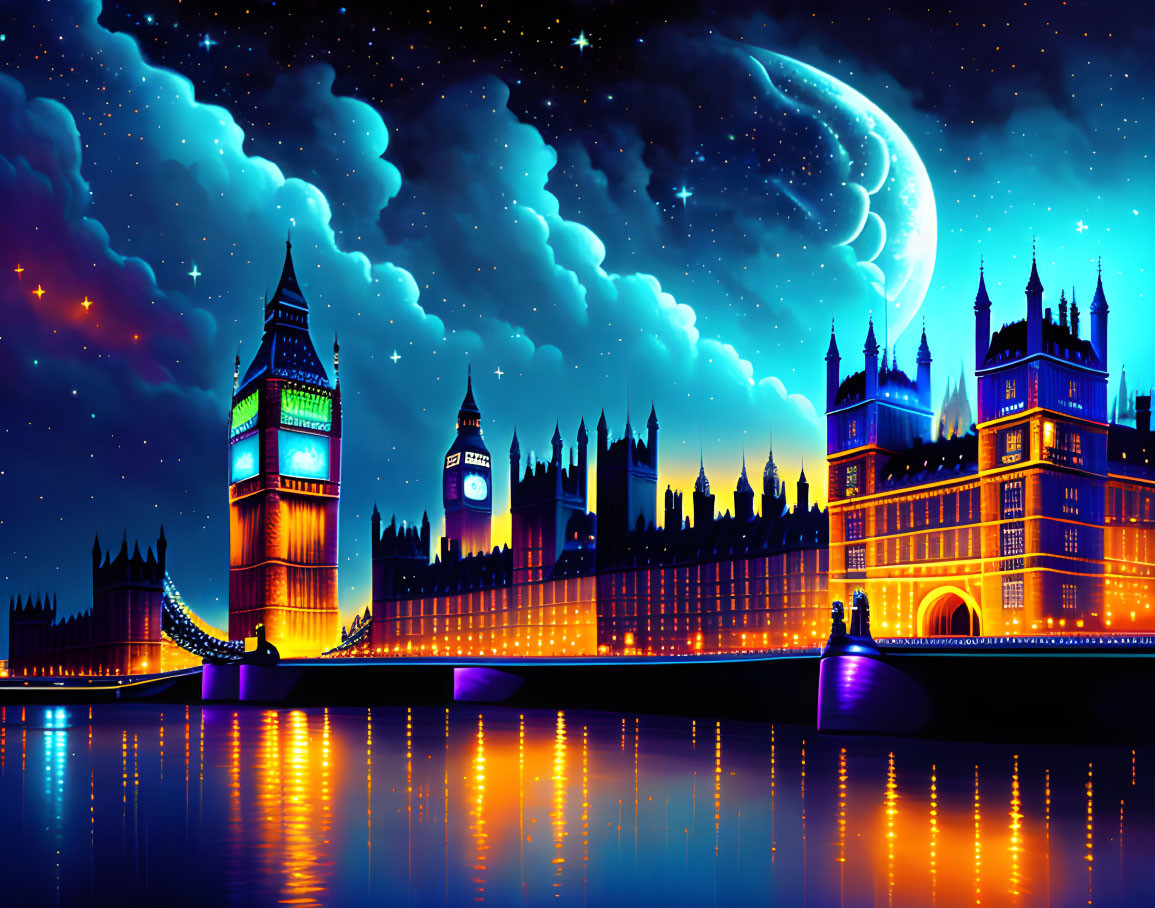 Stylized London landmarks at night with crescent moon & starry sky