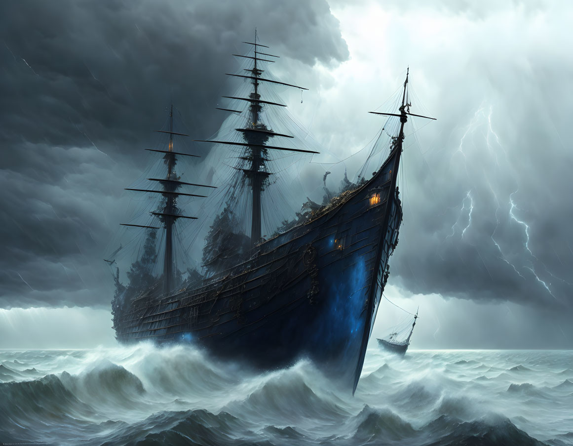 Sailing ship in stormy seas with lightning flashes