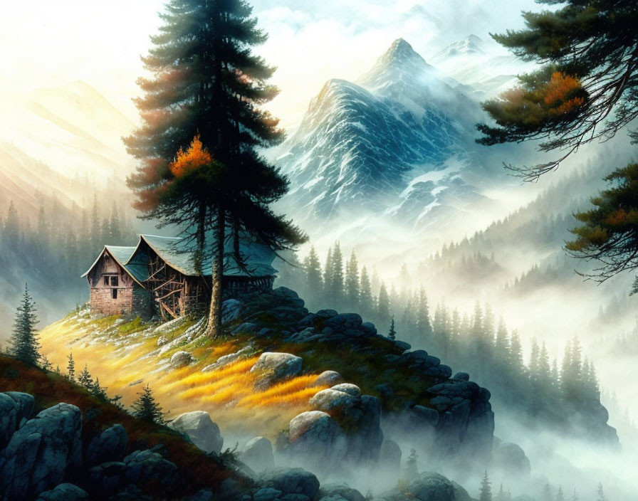 Wooden cabin nestled among trees on hillside with misty mountains under sunrise