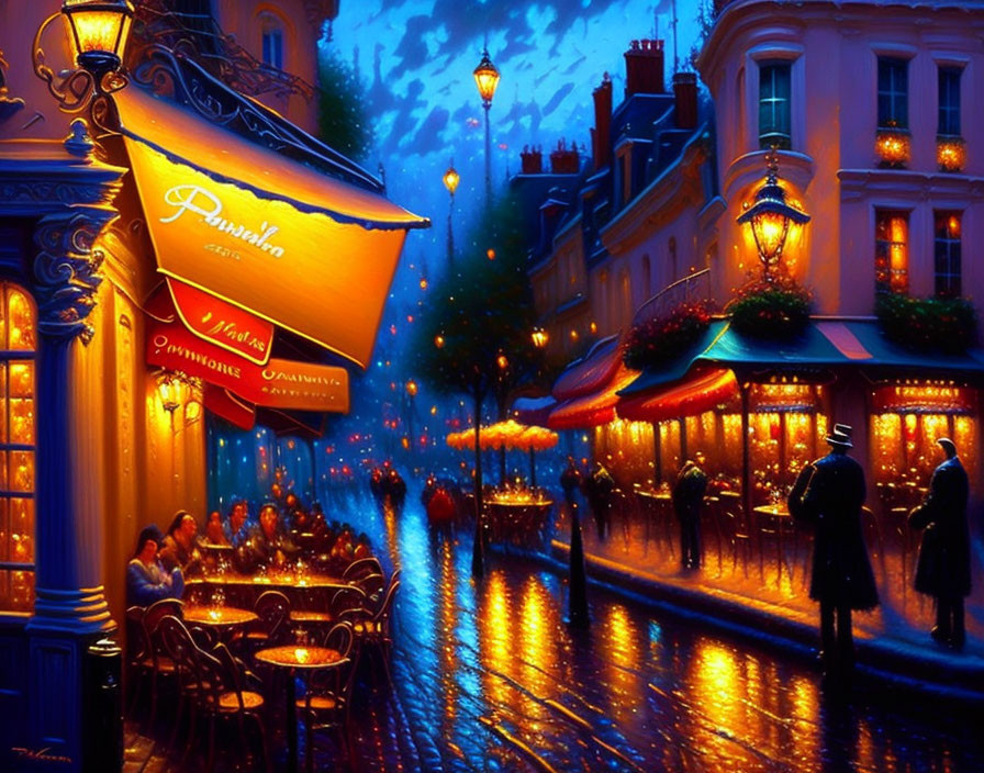 Illuminated café terraces and pedestrians in vibrant evening street scene